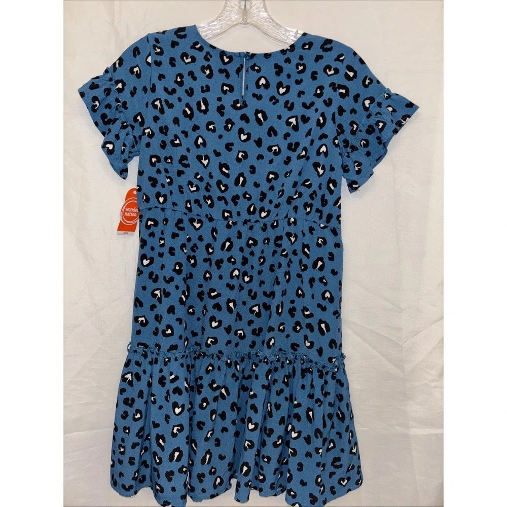 Wonder Nation Girls DARK TEAL BLUE LEOPARD PRINT DRESS Ruffles 10/12 Plus NWT